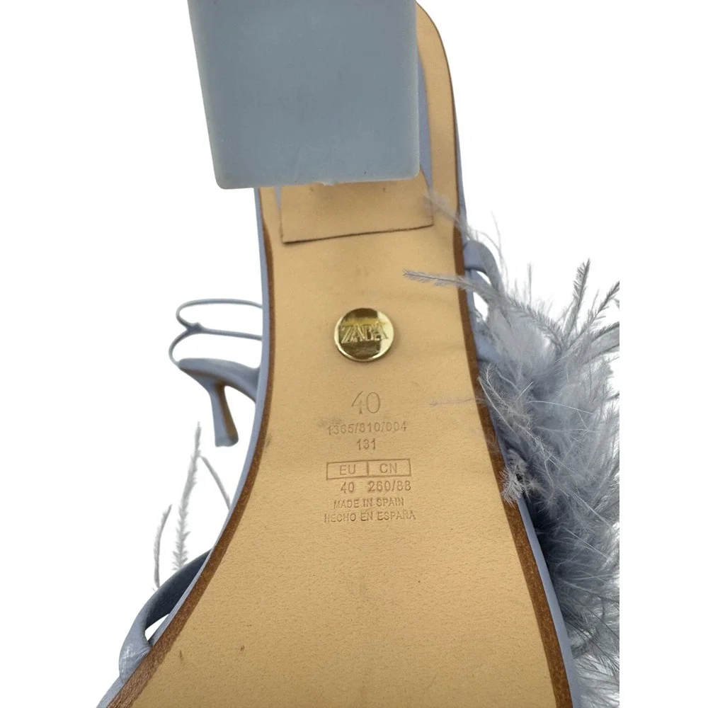Zara Sandals Feather Ankle Strap Periwinkle Blue Size 40 Square Toe Block Heel - Picture 8 of 10